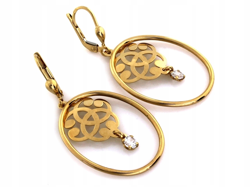 Elegantní zlaté náušnice 585 visící s ažurem a zirkonem, anglické, módní