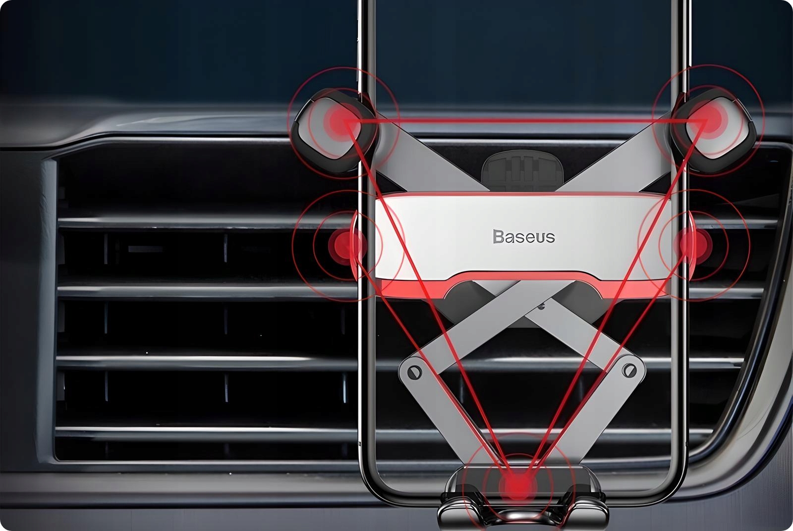 GRAWITACYJNY UCHWYT SAMOCHODOWY BASEUS NA TELEFON DO AUTA KRATKI NAWIEWU Kolor srebrny