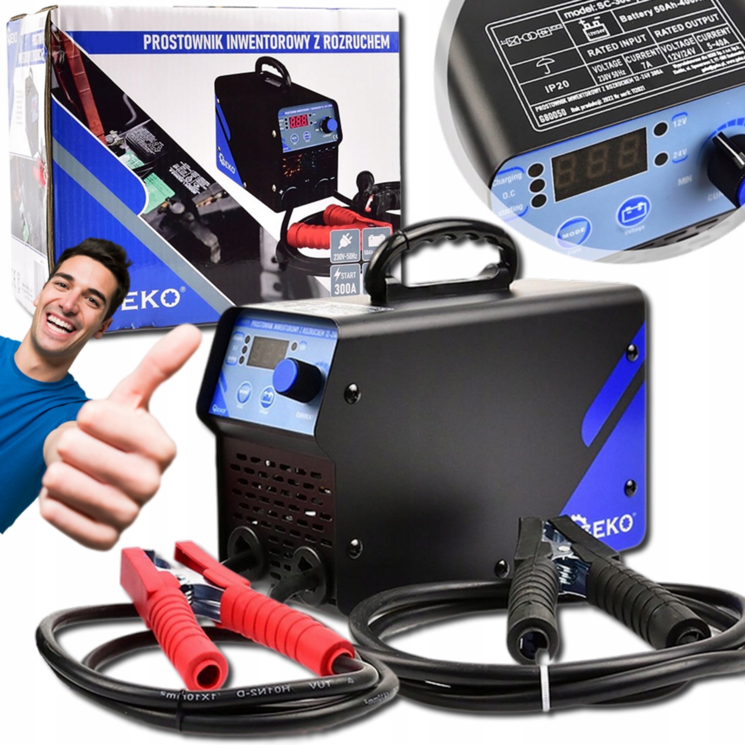 Prostownik Inwertorowy Inteligentny 12/24V 50Ah–400Ah z Rozruchem 300A LCD