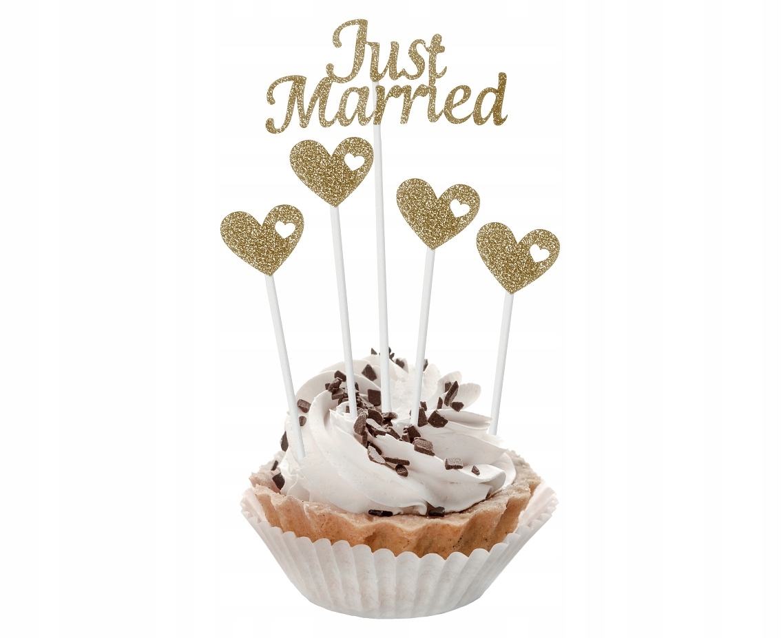 

5x Pikery do babeczek Just Married na ślub złote