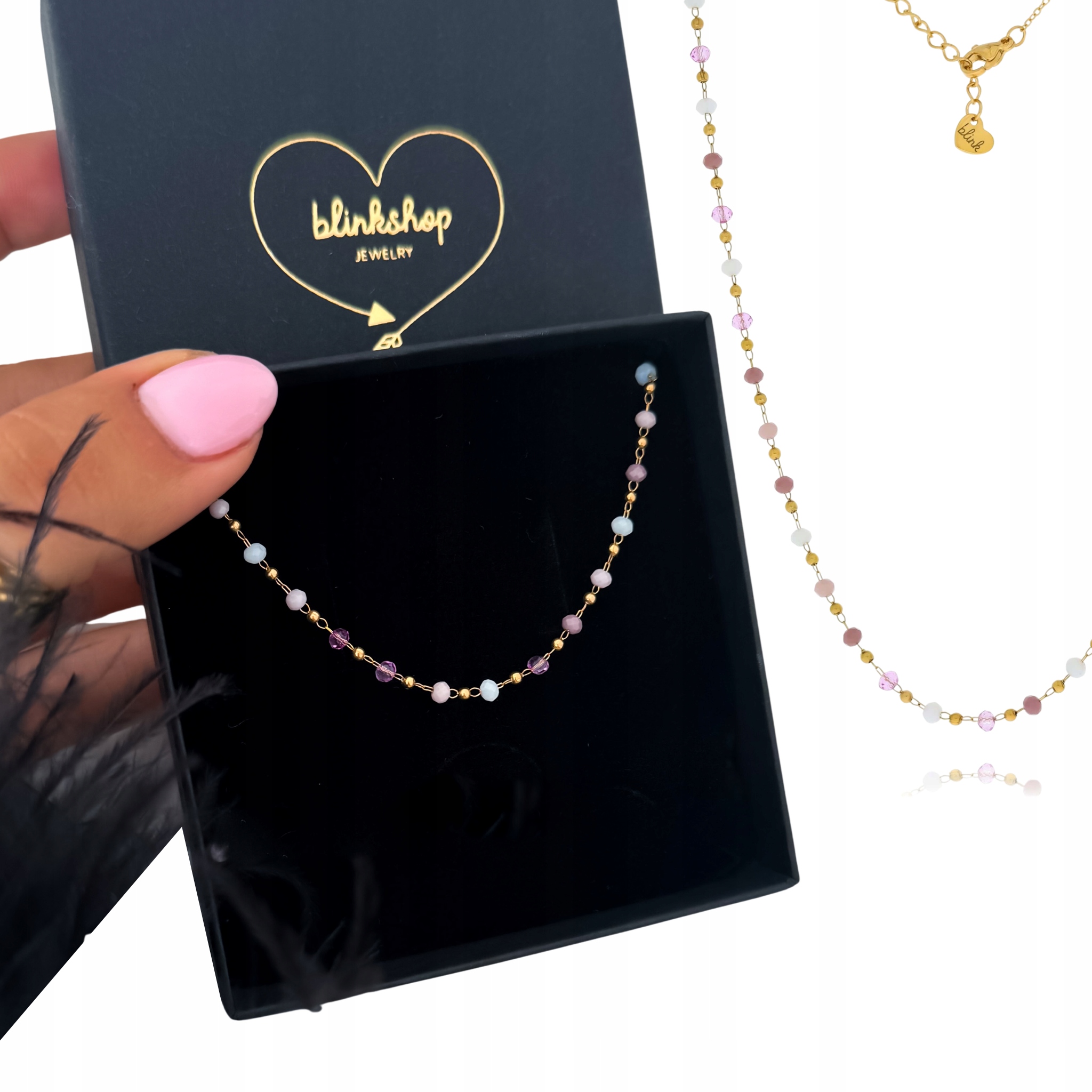 Naszyjnik choker z pudrowymi fasetowanymi koralikami stal chirurgiczna boho