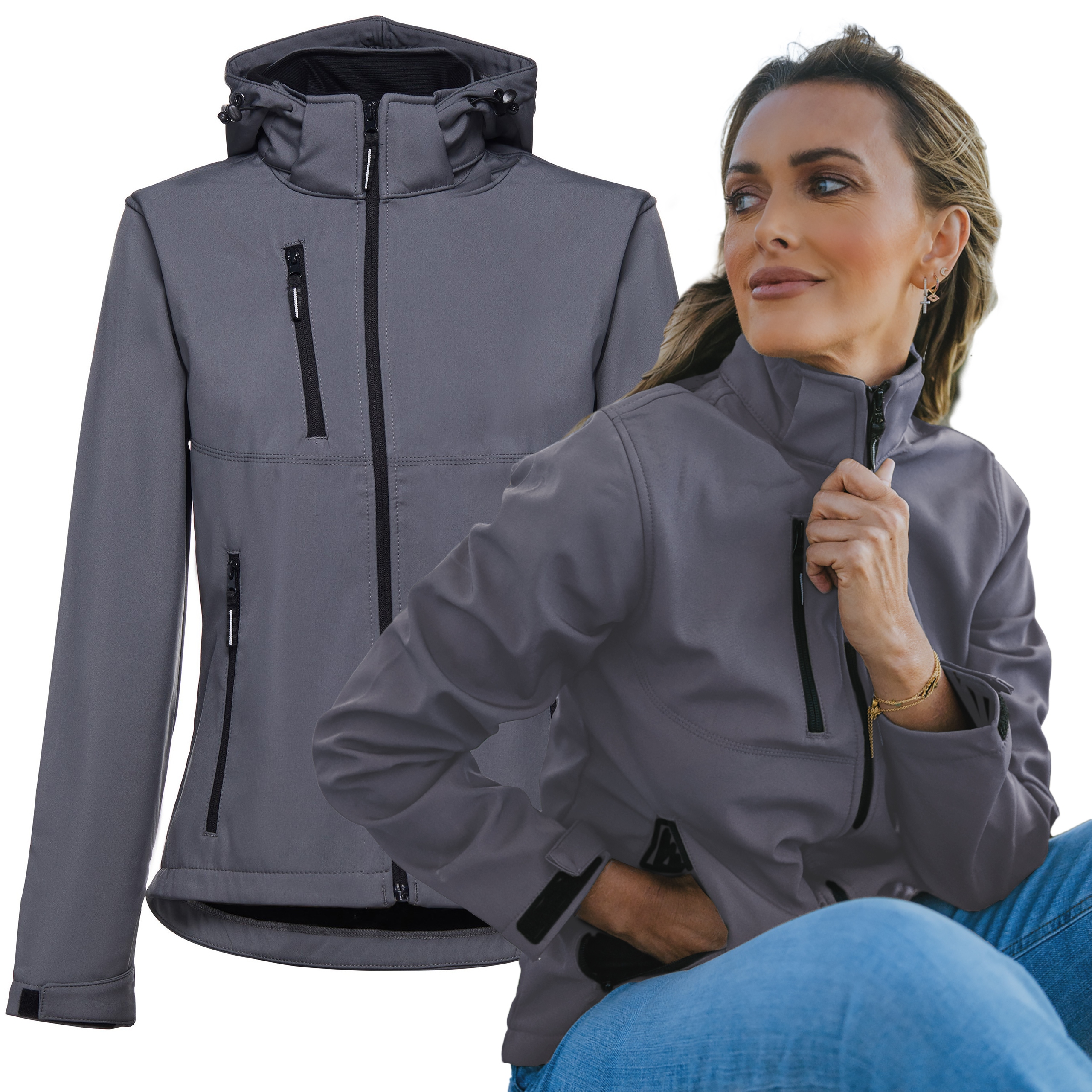 Dámská nepromokavá bunda Softshell s fleecem, odnímatelná kapuce, šedá, velikost L