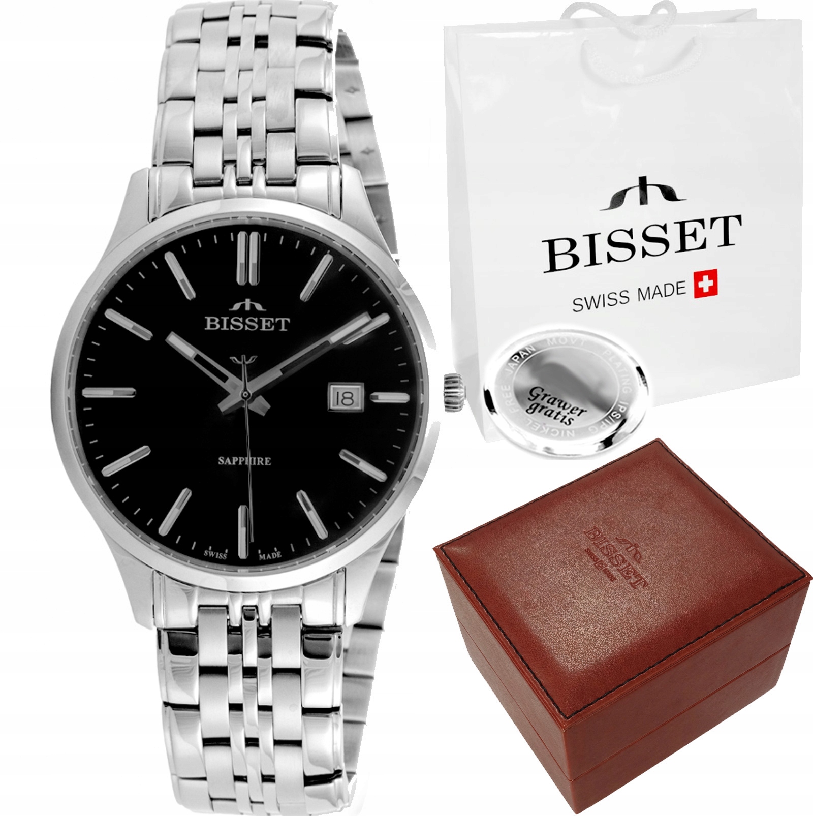 Švýcarské pánské hodinky Bisset Safírové sklo s datumovkou Gravírování