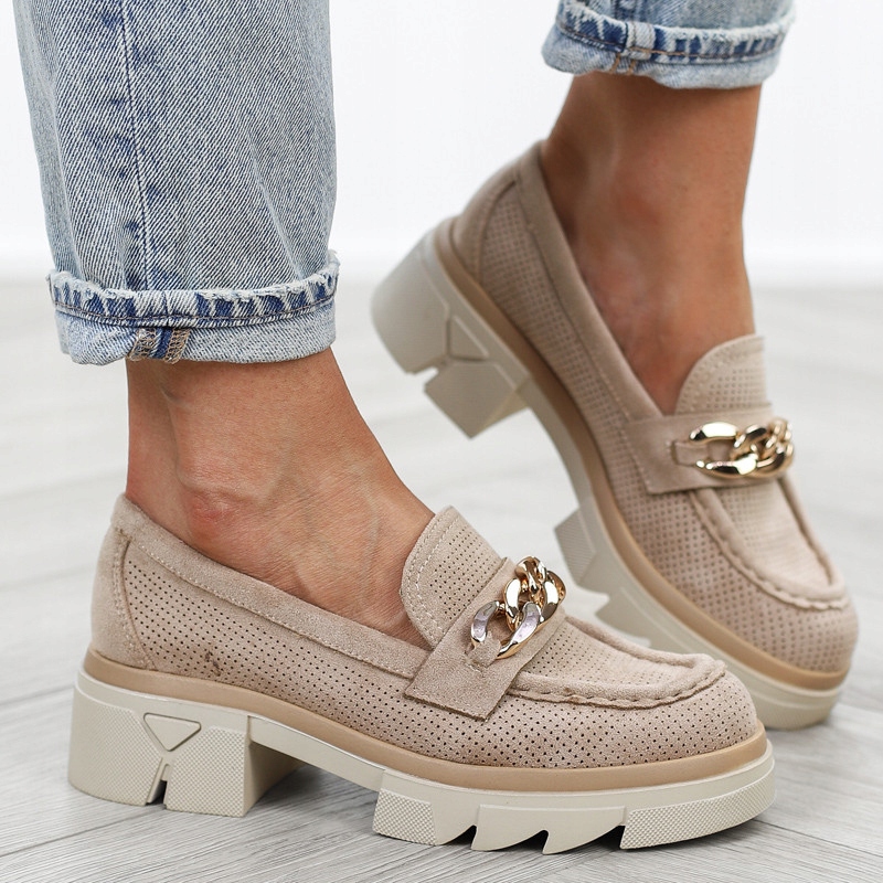 Beżowe loafersy mokasyny półbuty zamszowe damskie ażurowe skóra