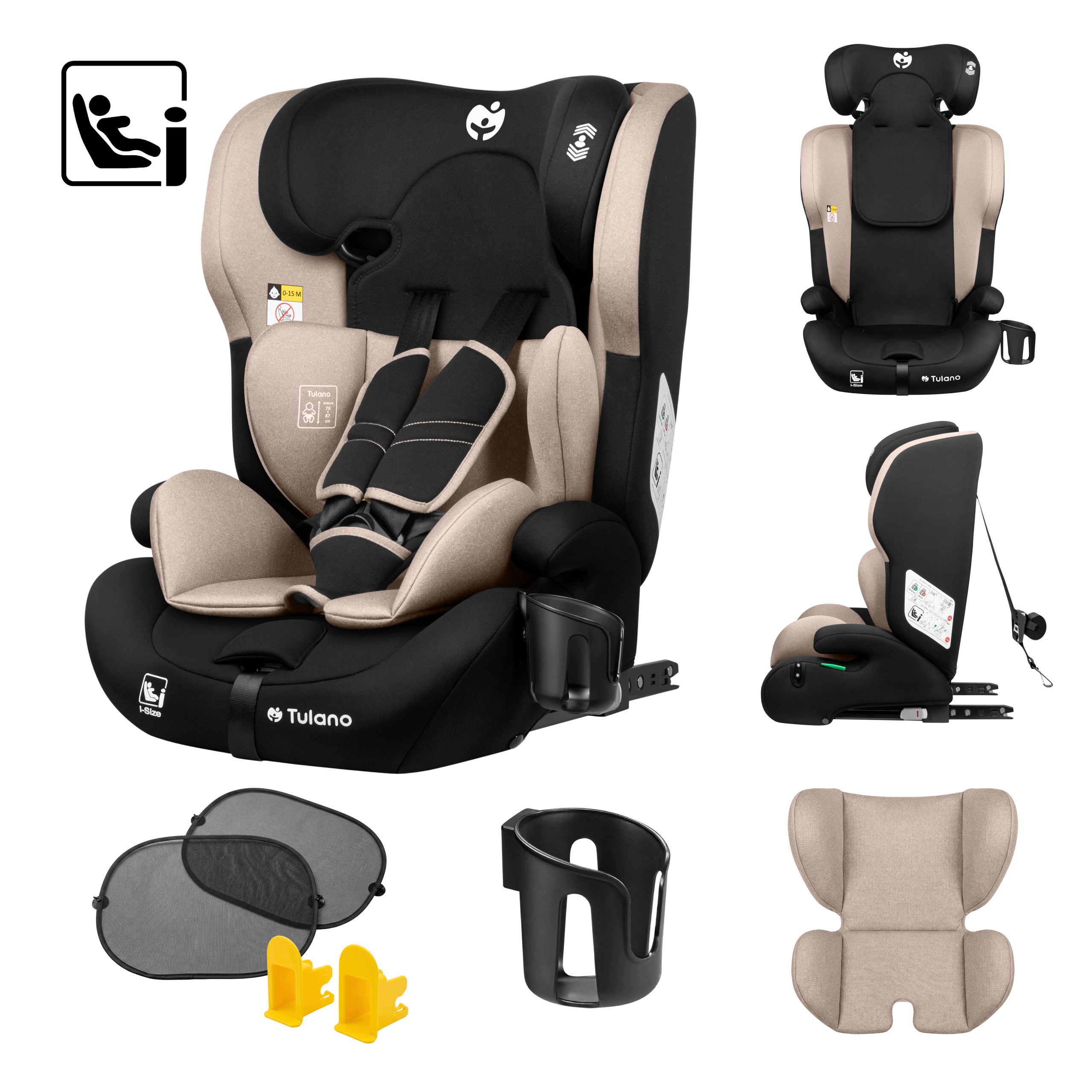 Fotelik samochodowy Isofix Tulano Beżowy i-Size 9-36kg 76-150cm Top Tether