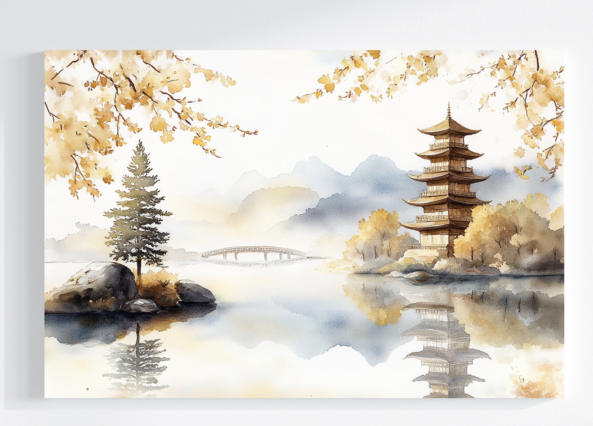 Obraz Na Plátně Canvas Asie Orientní Krajina Hory Pagoda Jezero Most 120x80