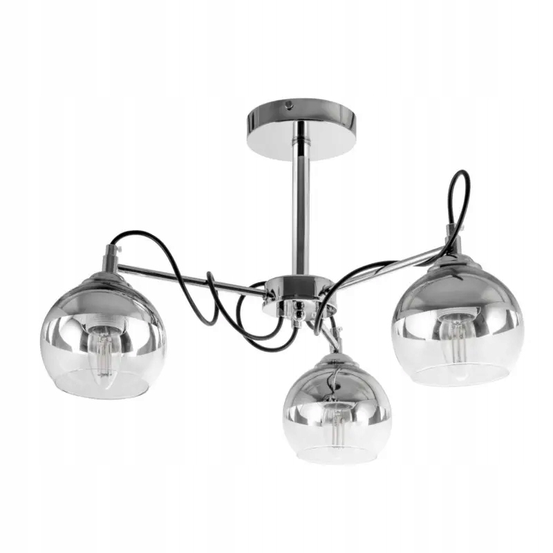 Moderní chromový stropní lustr s černými vodiči nad pohovkou