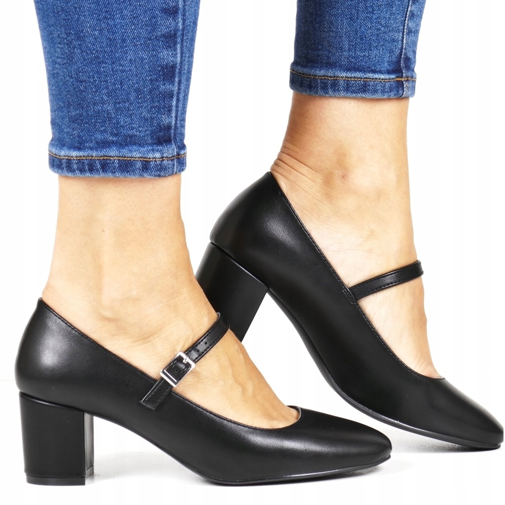 Lodičky Na Podpatku S Páskem, Nízké, Pohodlné, Stabilní, Černé, Lícované