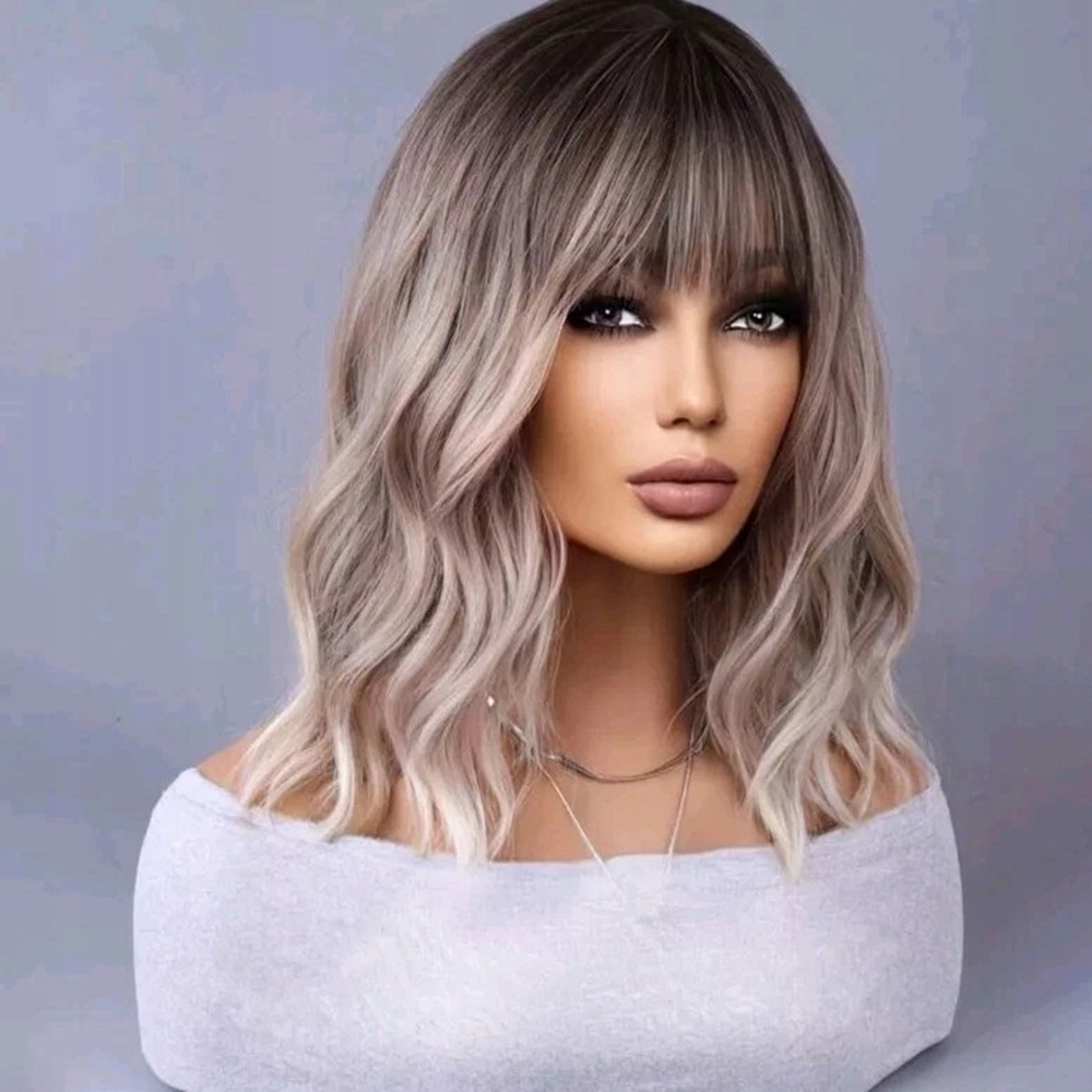 Dámská paruka Blond Ombre Popelavá Vlnitá s Hřívou Vlasy Jako Přírodní