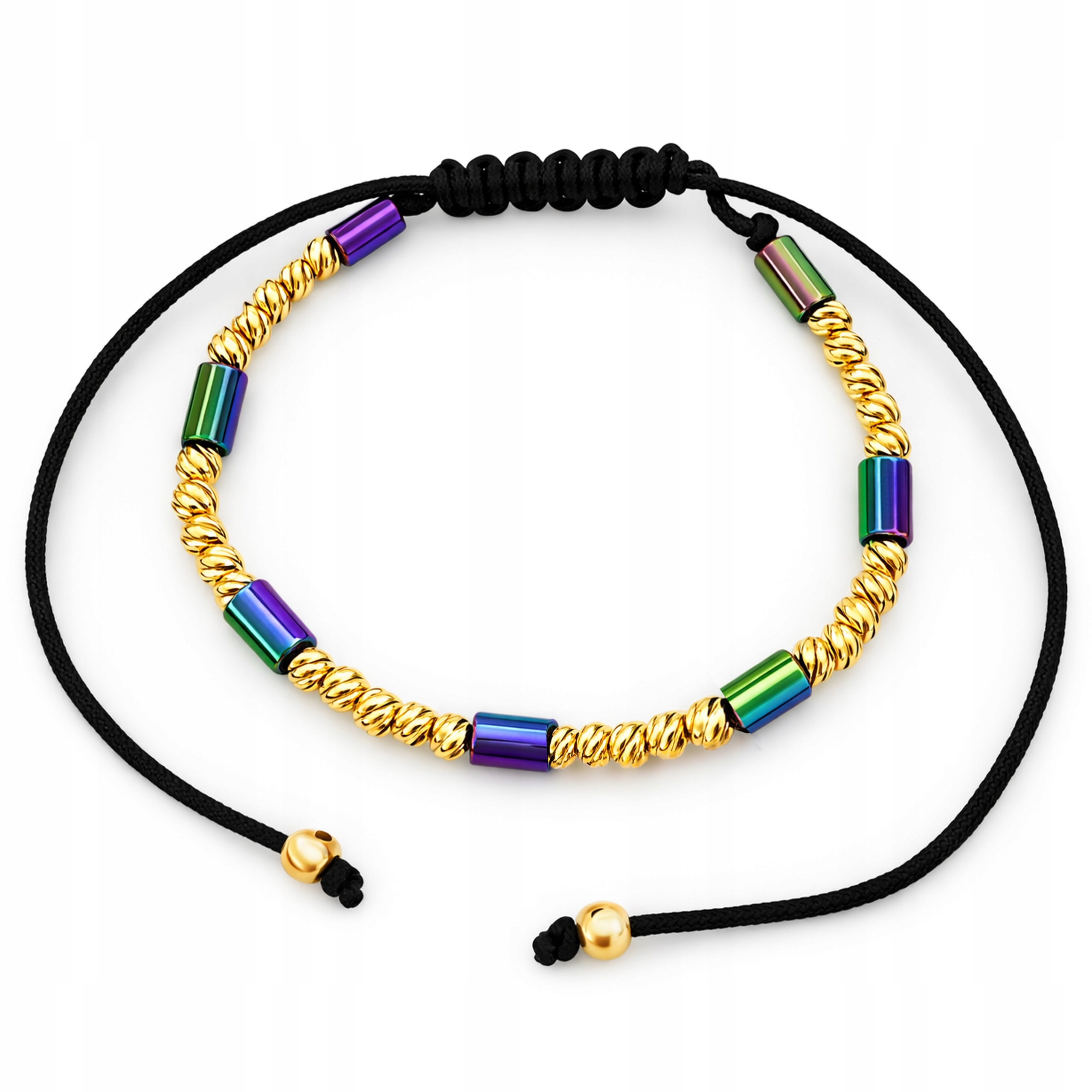 Zlatý provázkový náramek 585 s diamantovými kuličkami a barevnými kameny