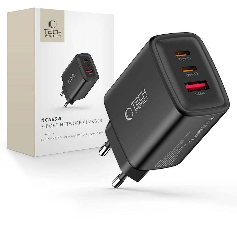 Ładowarka sieciowa Tech-Protect NCA65W-GAN GaN 65W, 3 porty, czarna