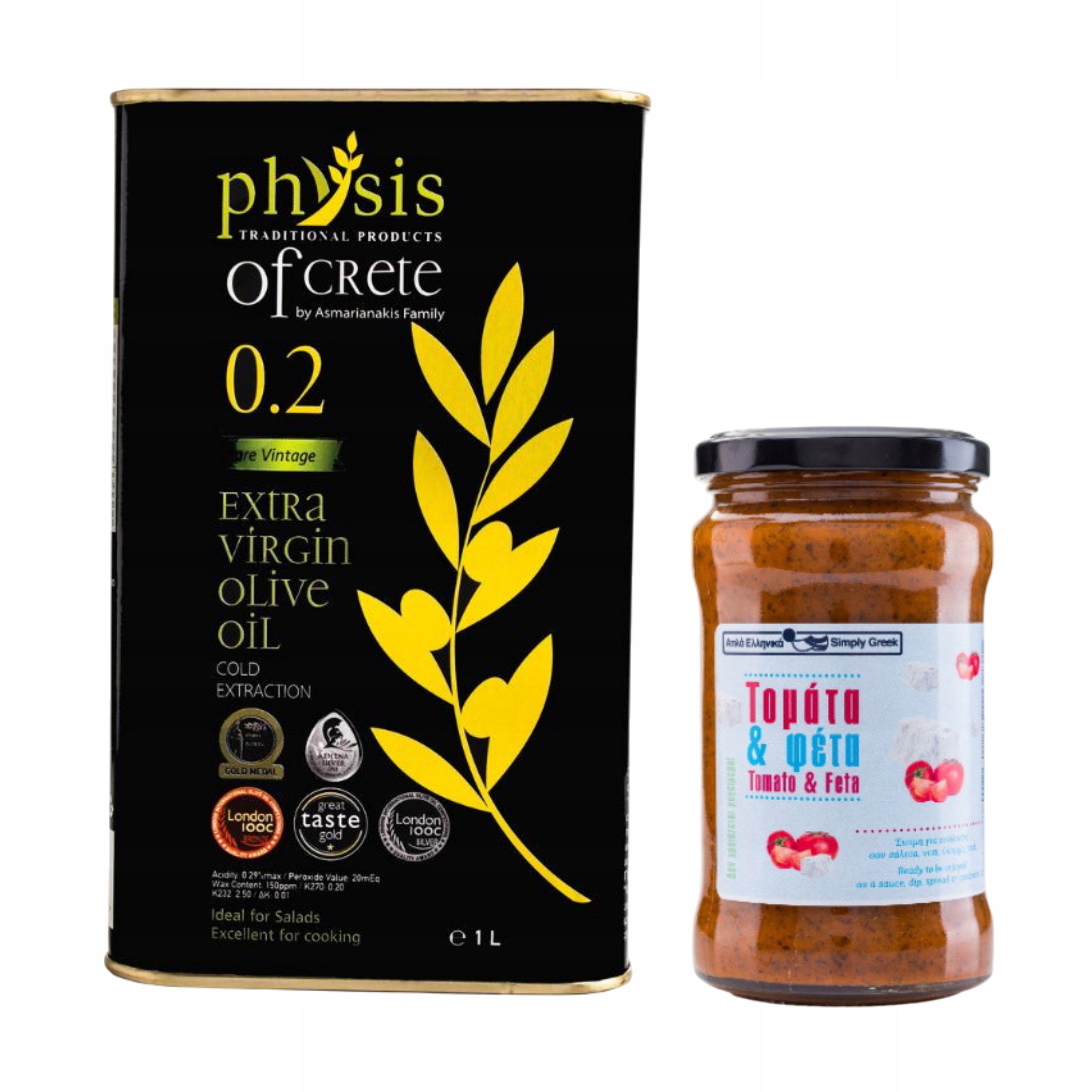 Levně Olivový olej Physis 1L+Omáčka s rajčaty a sýrem Fety 370 g Set