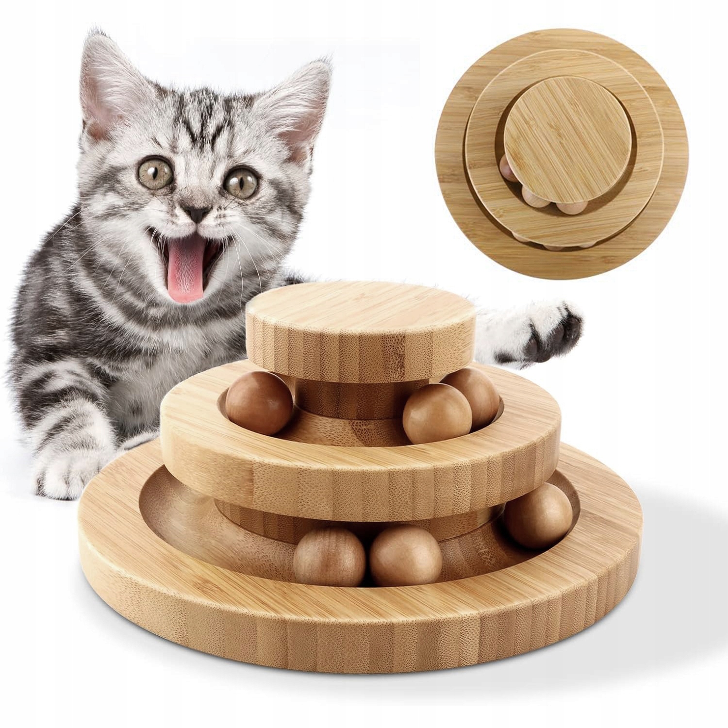 Levně 3-úrovňová dřevěná s míčky Hračka pro kočky Interaktivní