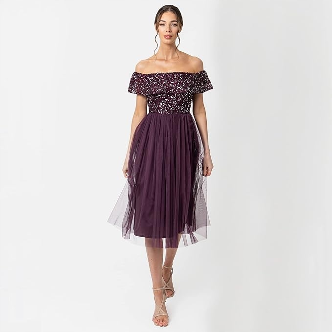 Maya Deluxe Šaty Sukně S Flitry Fialová MIDI 40 6FA