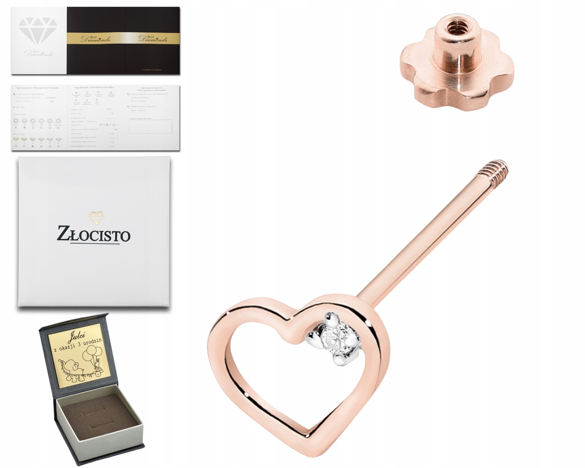 Růžové Zlato Náušnice 1 Kus Šroubovací Tyčinka Ryzost 585 Brilianty