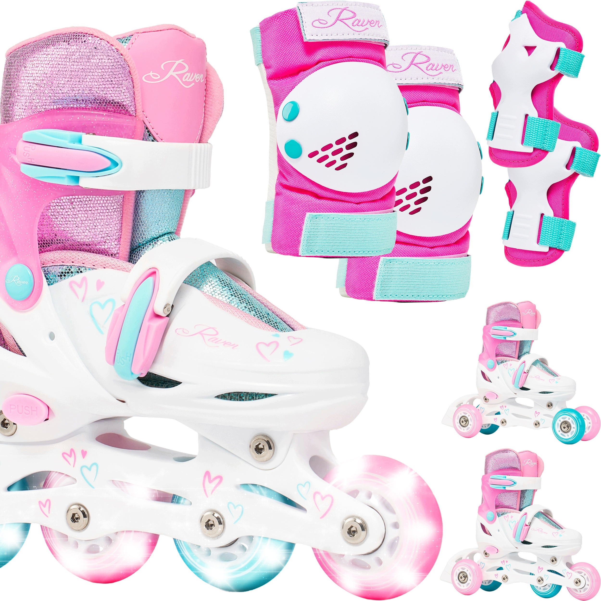 Zestaw Raven Rolki 3w1 Loret Glitter 30-33 Ochraniacze Verba Mint/Pink S