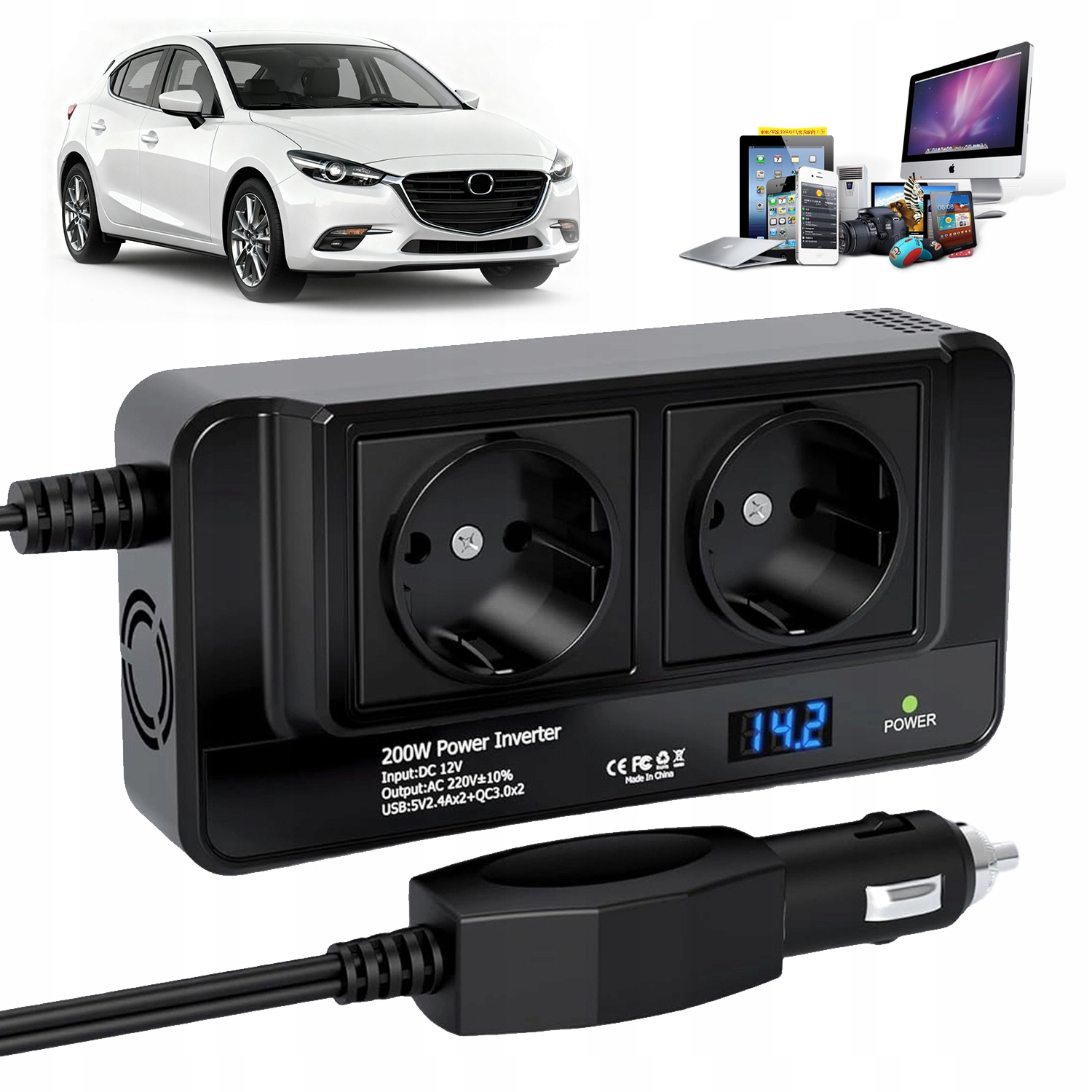 Przetwornica Samochodowa 200W 12V Na 220V Z 4 Usb I 2 Gniazdkami