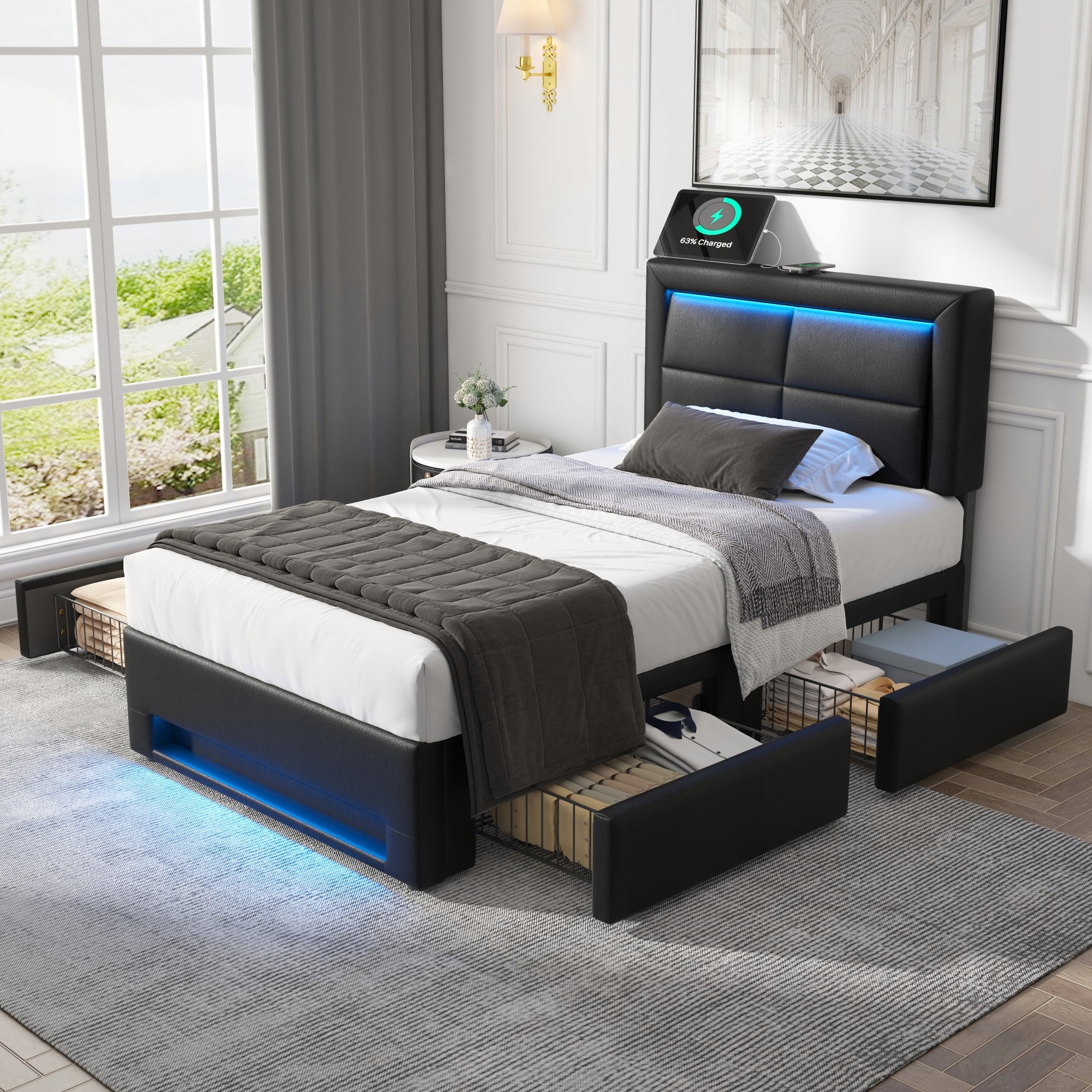 Čalouněná postel 90 x 200 cm jednolůžková Led Usb 4 šuplík Pu černá