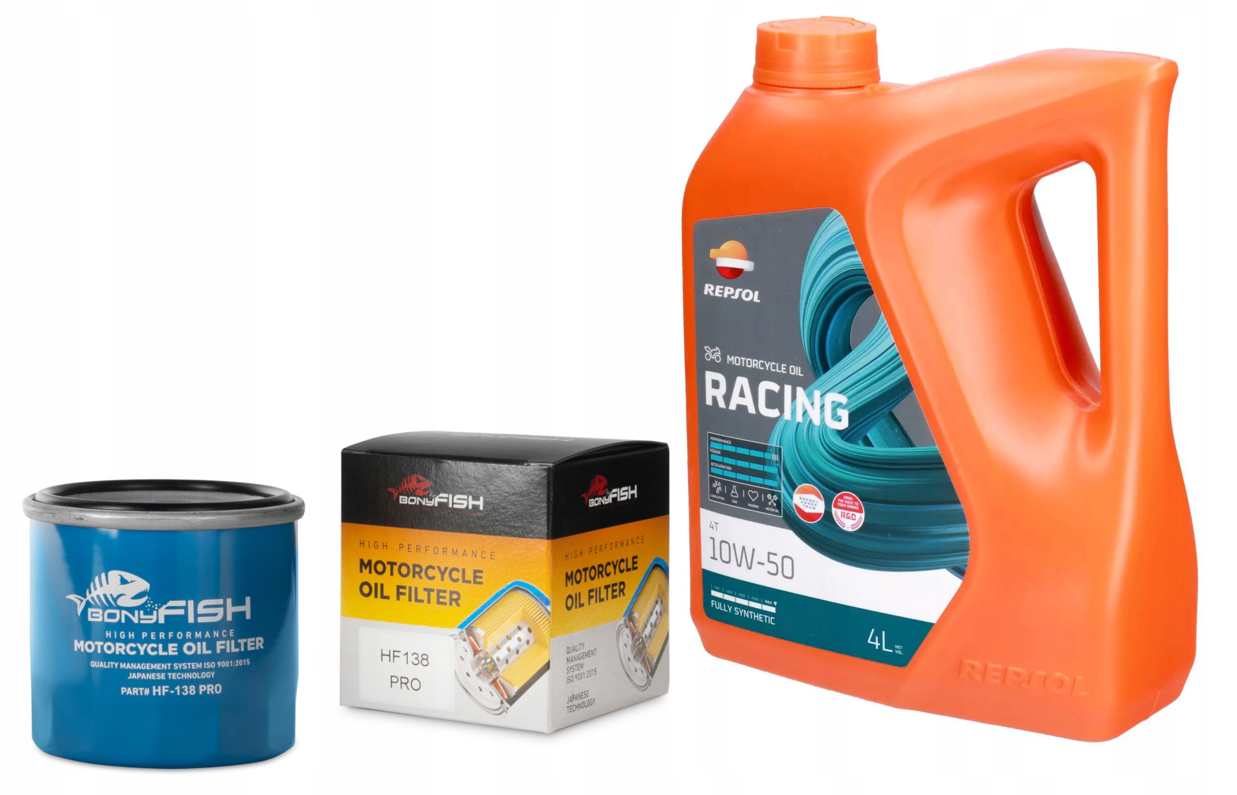 Olej Repsol Racing 10W50 4L MA2 Syntetický 4T olejový filtr BonyFish HF138