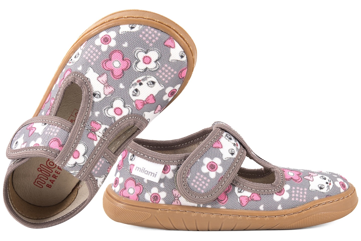 Kapcie Dziecięce Dziewczęce Barefoot W Kotki Na Rzep Szare 27