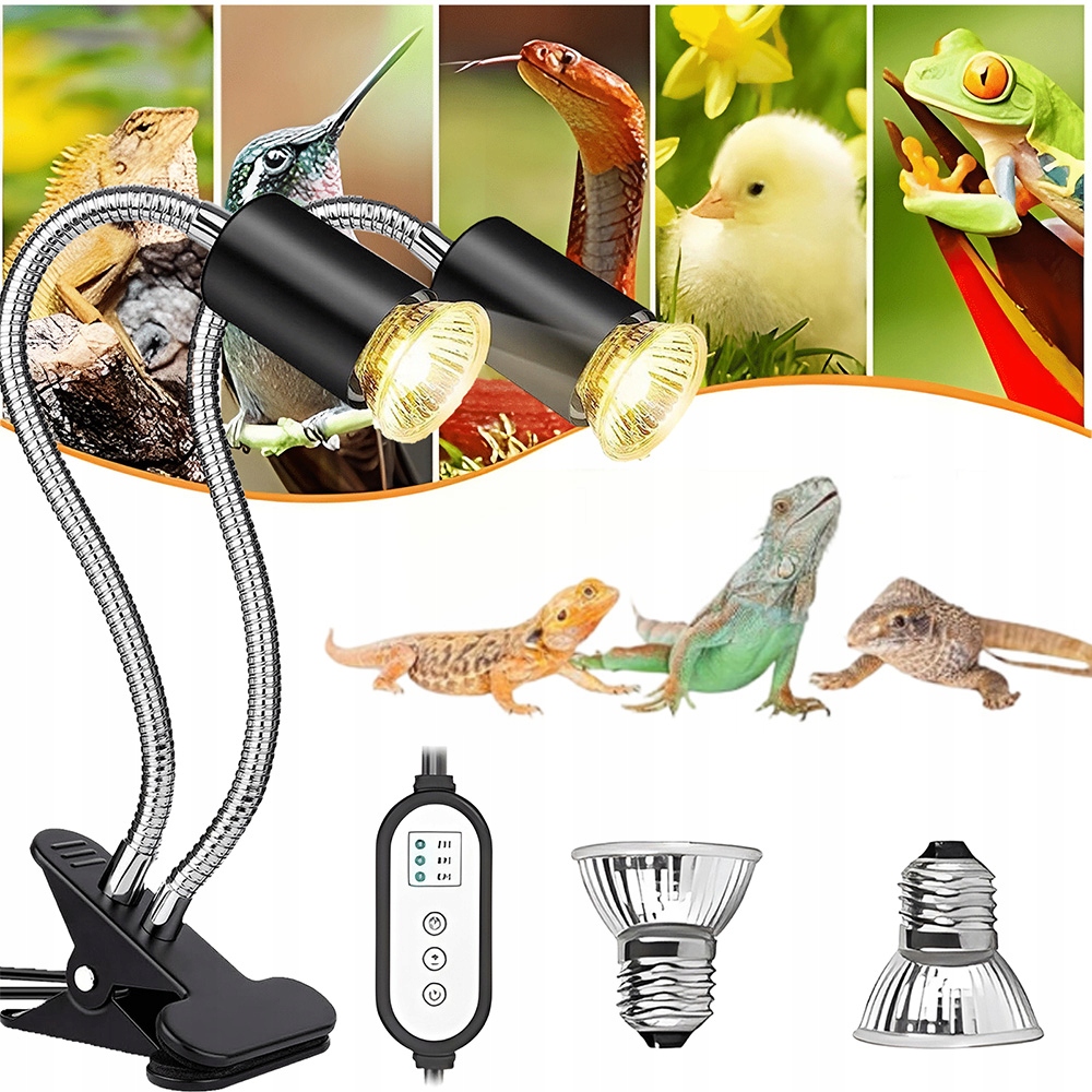Levně Topná Lampa Pro Zvířata S Dvouhlavým Časovačem Uva Uvb Pro Plazy A Obojživelníky