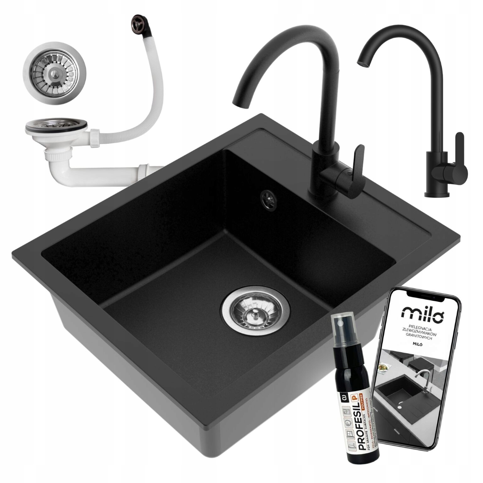 Granitový Drez Jednokomorový Miló Emporio, Sada Batérií, Sifón