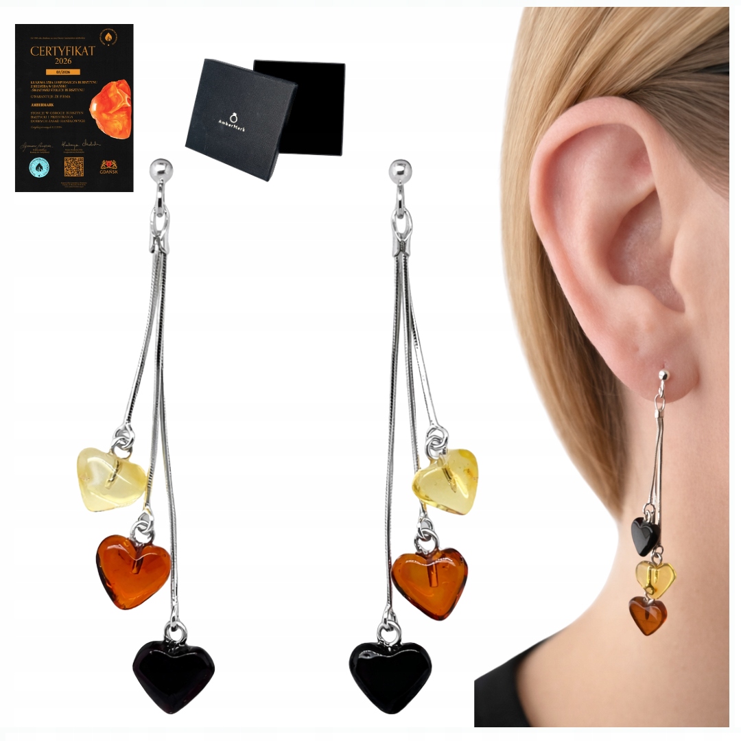 Stříbrné náušnice s dlouhými srdíčka z jantarového šroubku, zapínání kolíkem
