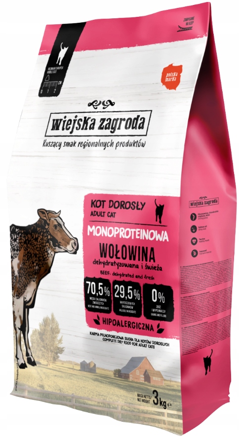 Levně Wiejska Zagroda monoproteinové suché krmivo pro kočky hovězí maso 3 kg