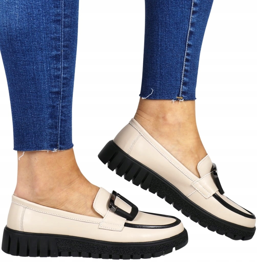 Dámské boty Mokasíny Skózane Polobotky Nazouvací S Ozdobnou Sponou Béžové