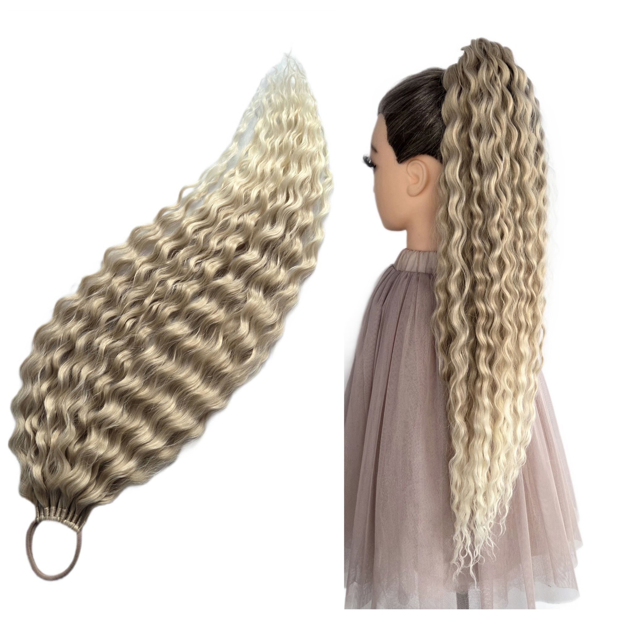 Připínací poník na gumičce, Příčesek vlny, blond, Mandlová Dáma, 60 cm