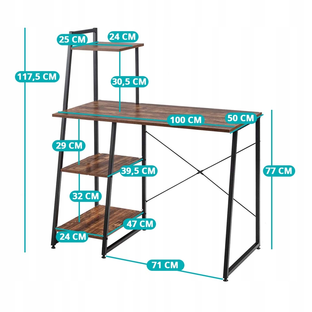 Kompaktowe biurko komputerowe, stacja robocza z 4 półkami Wysokość mebla 117.5 cm