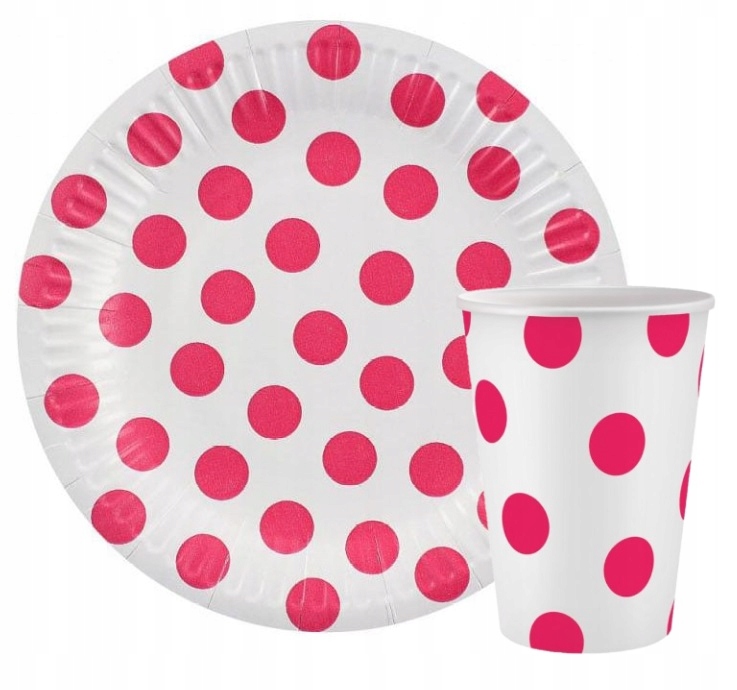 TALERZYKI KUBKI JEDNORAZOWE BIAŁE W ŻÓŁTE GROCHY GROSZKI NA URODZINY 12el.