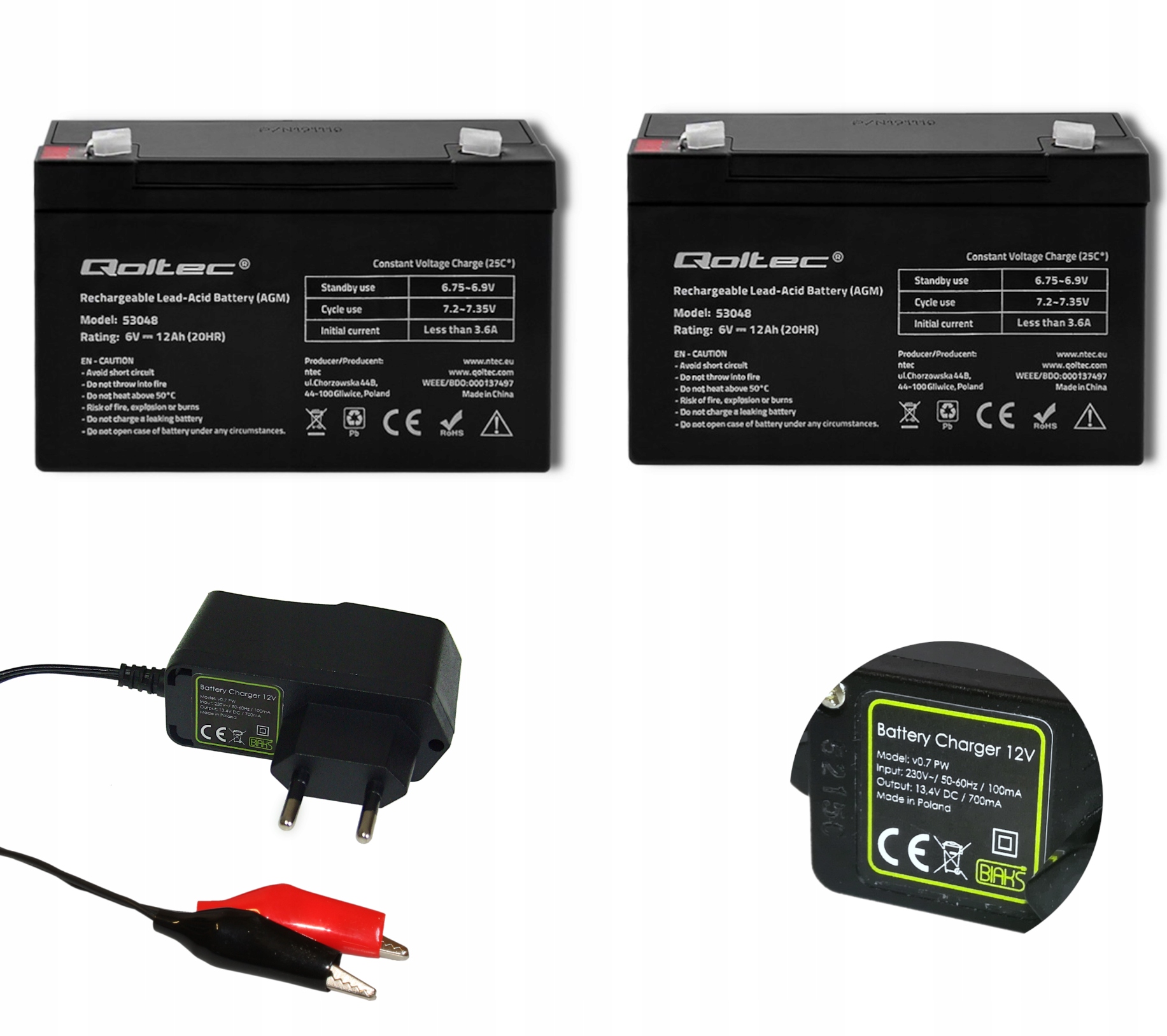 Zestaw 2x bezobsługowy AKUMULATOR bateria AGM 6V 12Ah + ŁADOWARKA 12V