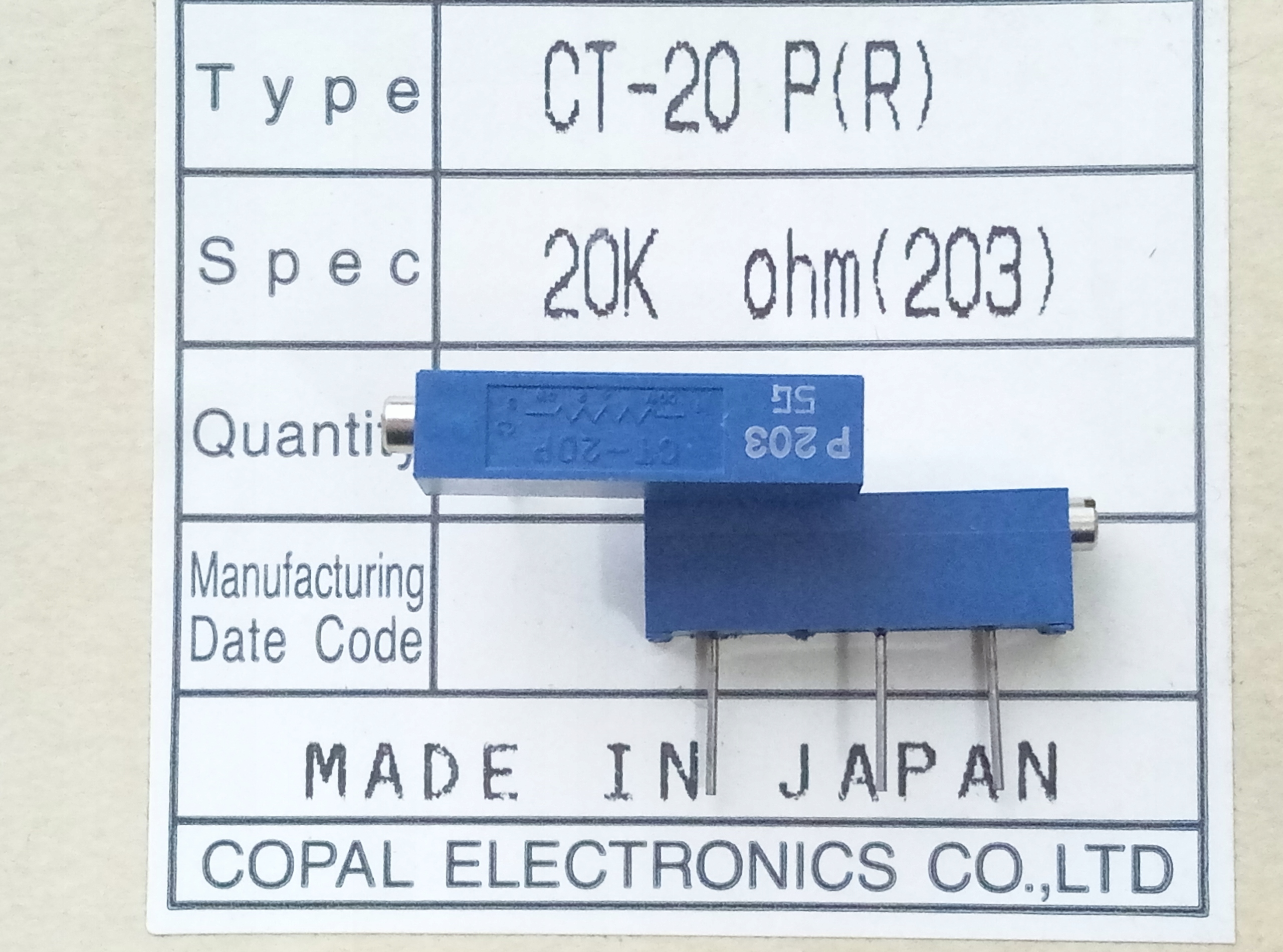 [5szt] Potencjometr Copal 15-obr 20K CT-20P=3006P