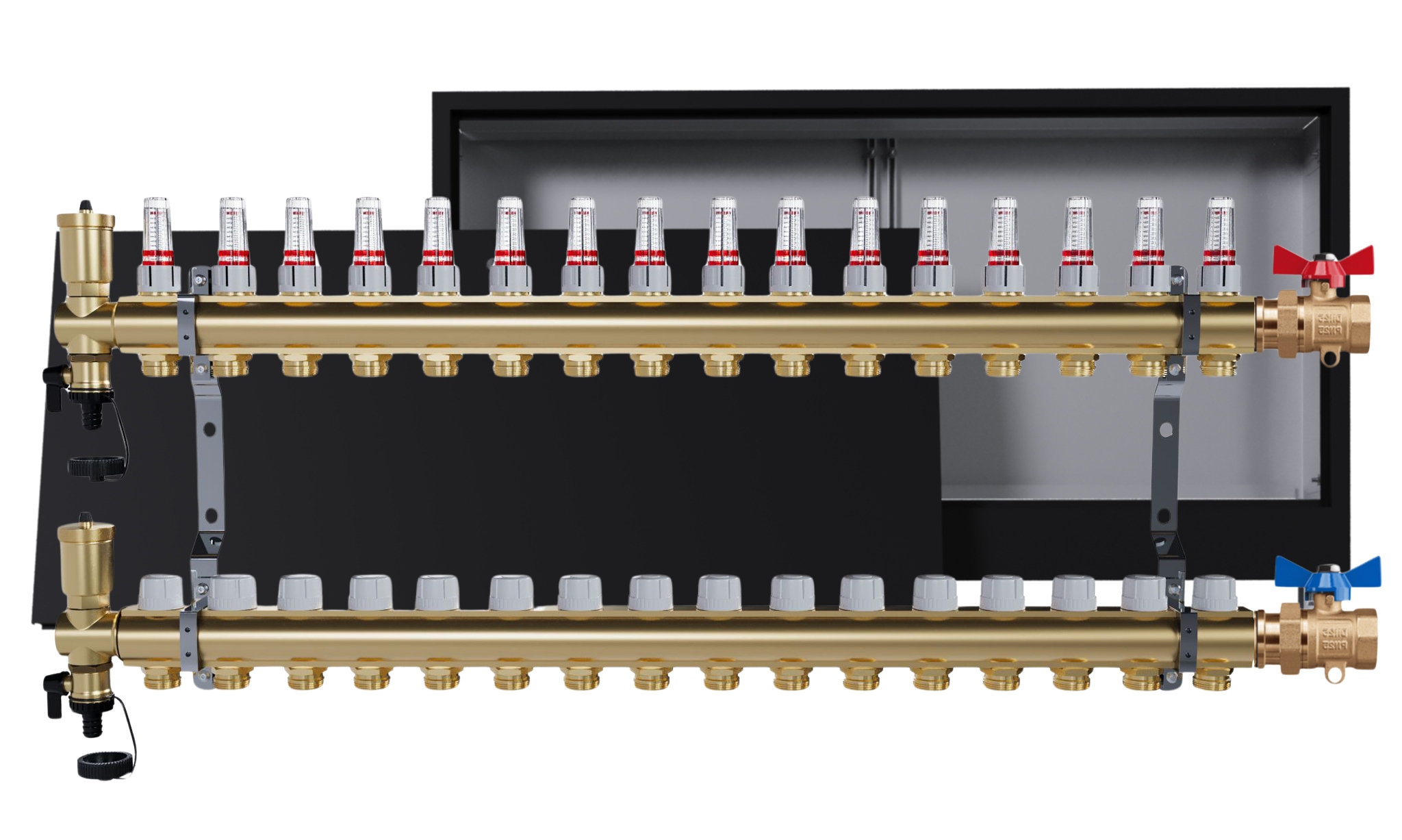 Rozdělovač podlahových krytin mosazný 16 okruhů skříňka černá jednoduchý ventil