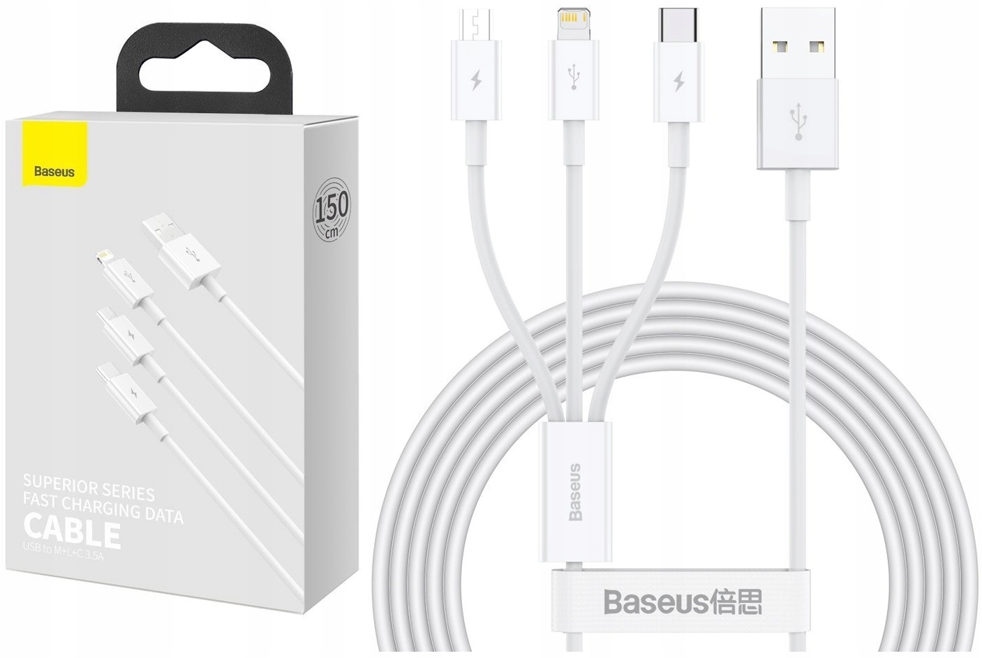 SZYBKI KABEL USB 3W1 BASEUS DO LIGHTNING-MICRO USB C TYP-C 1,5M