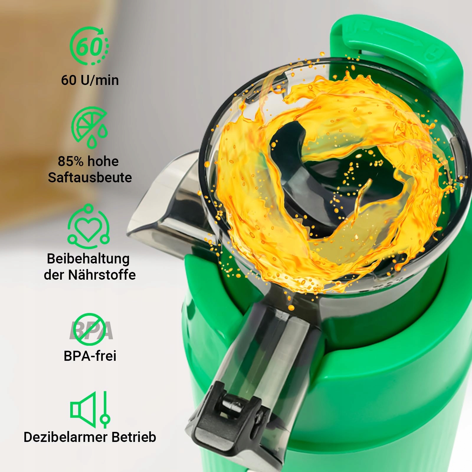 VENTRAY Ginnie Wolnoobrotowa Wyciskarka 60 Umin 45mm BPA Free 100W Zielona — miniatura 3