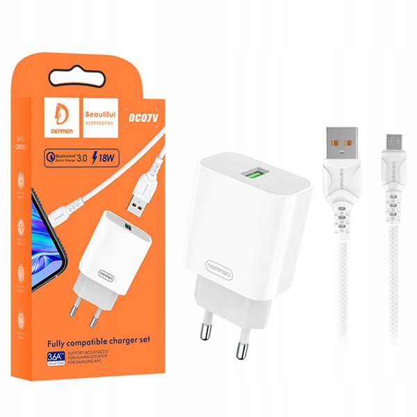 MOCNA ŁADOWARKA SIECIOWA USB+ KABEL microUSB ZESTAW 3.6A 18W QC