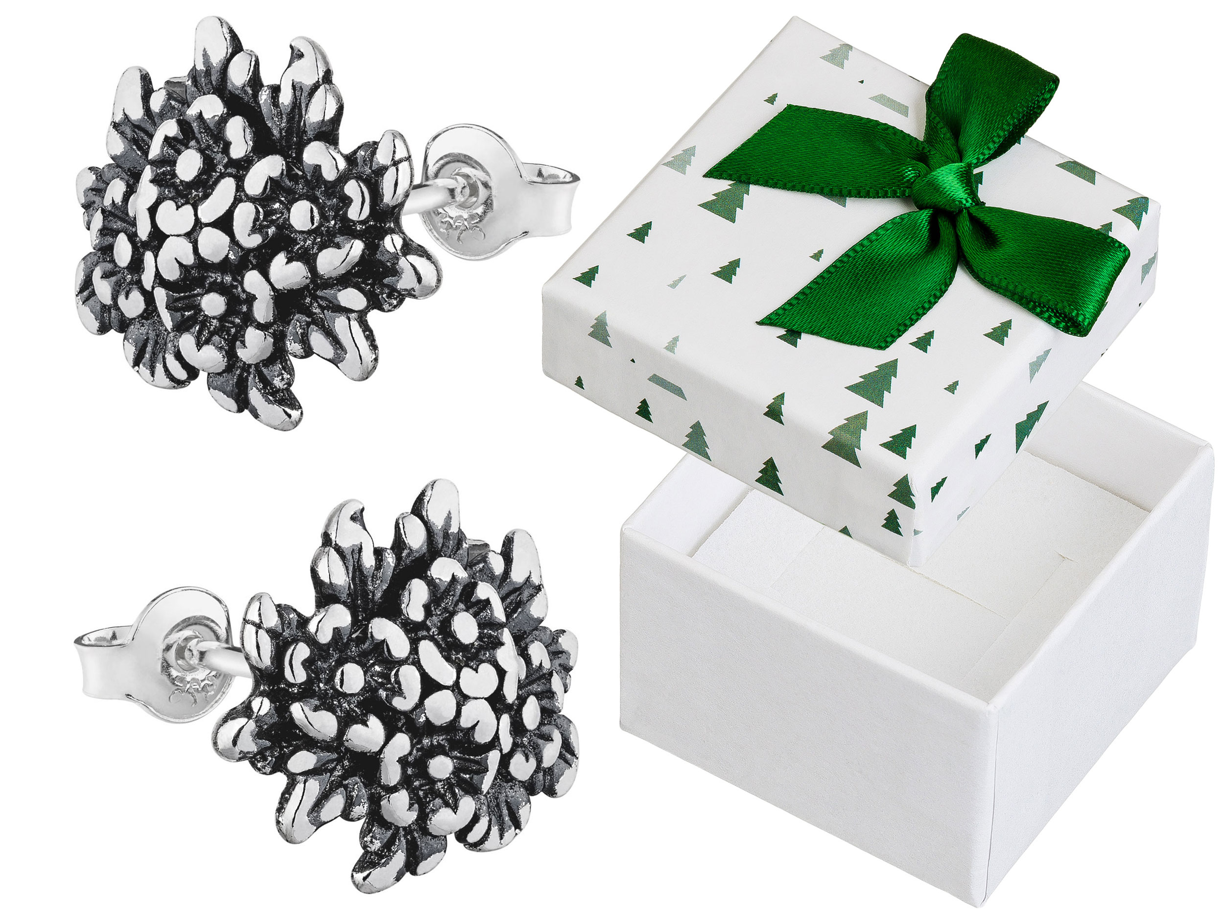 Stříbrné Náušnice Květiny Velké dámské šroubky Oxidované Kytice květin 925