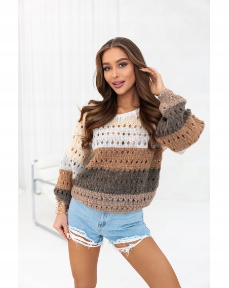 Ažurový svetr Boho s pruhy Nová Kolekce Jaro 2026 Oversize Hnědá