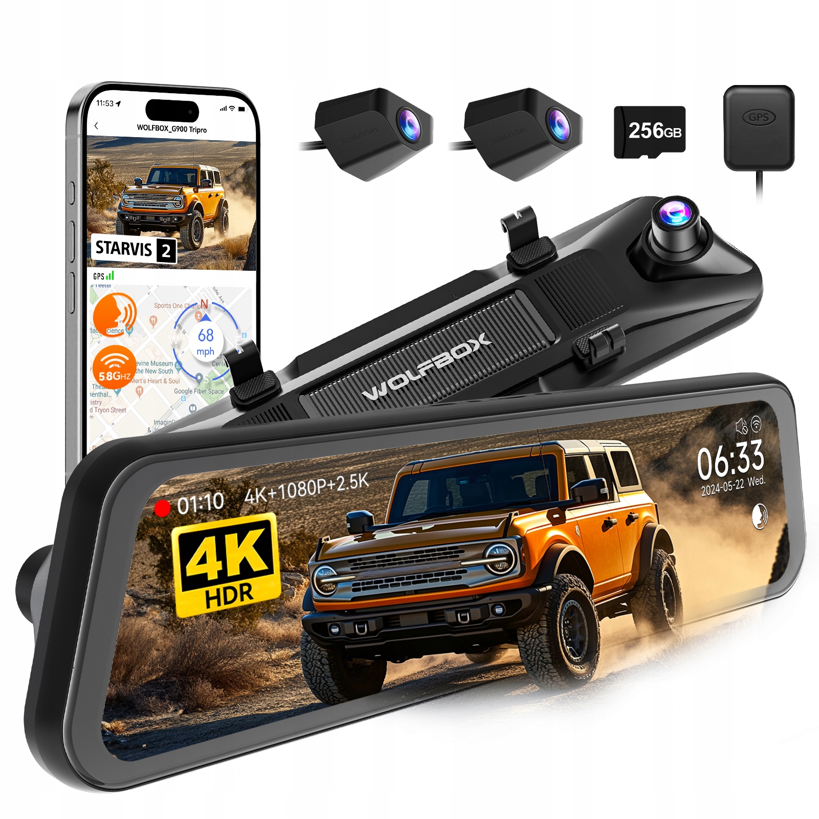 3-kanálová 4K zrkadlová kamera do auta Wolfbox G900 Tripro, Starvis, 256GB, Gps
