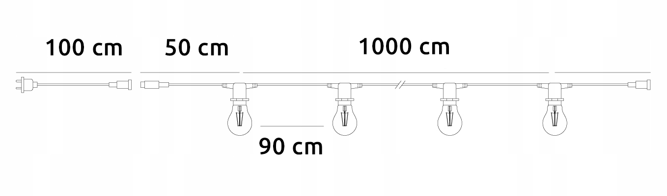 Girlanda ogrodowa Zewnętrzna Łańcuch Świetlny 10m + 10x żarówka LED E27 Odległość między żarówkami 90 cm
