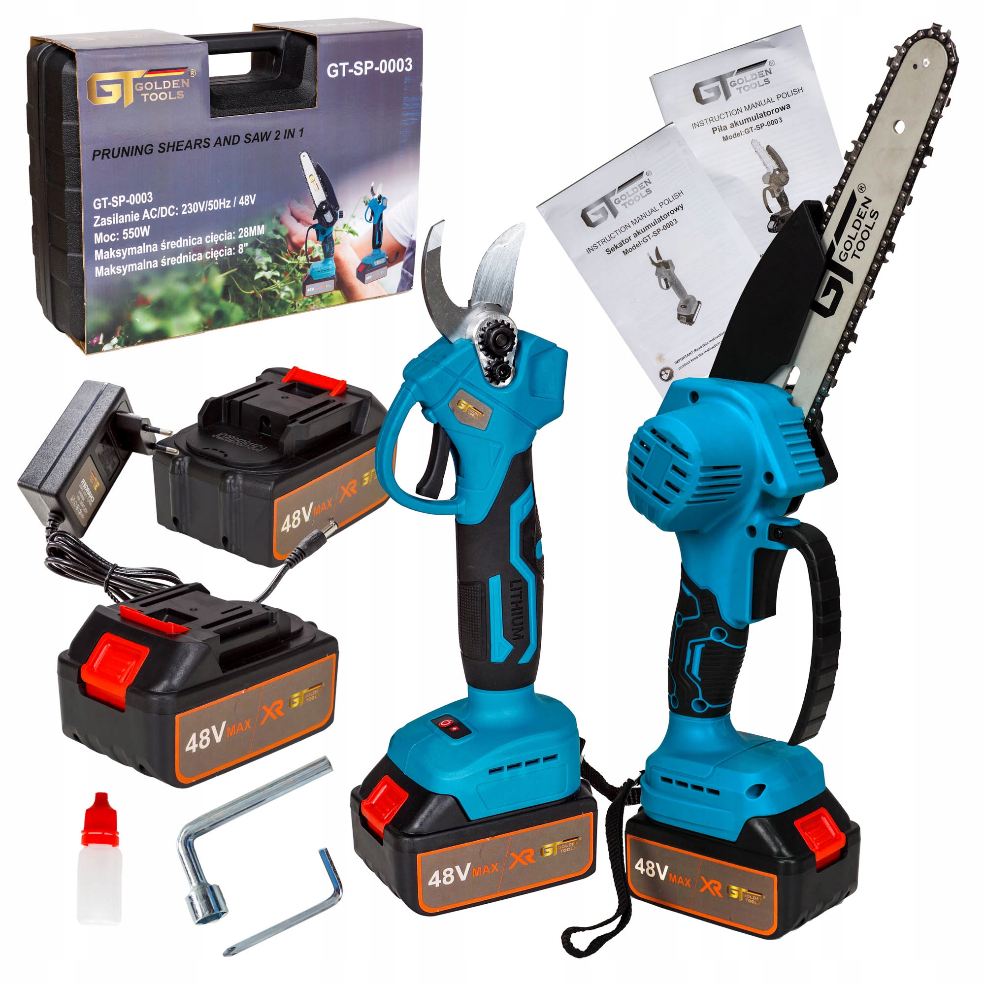Zestaw 2W1 Piła 8" Sekator 48V Aku 2SZT Ładowarka Walizka