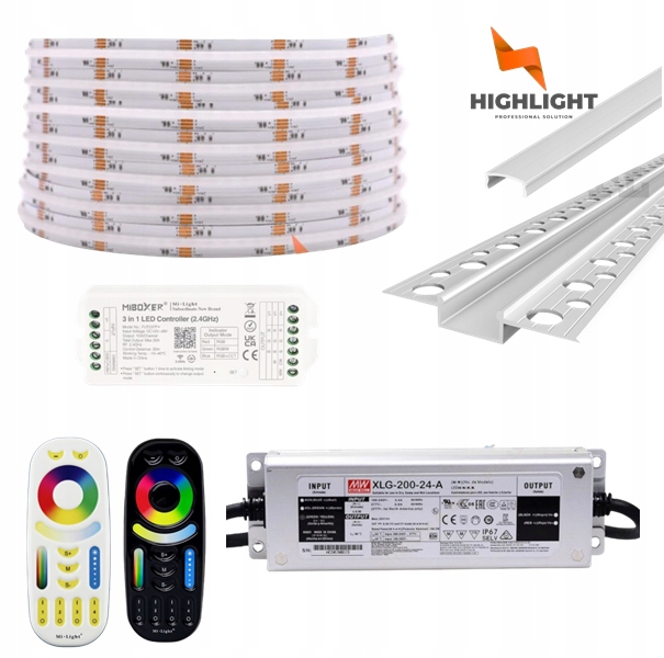 10m Sada Fasáda Led pásik Cob Rgb+cct 16W 24V IP65 Strieborný profil