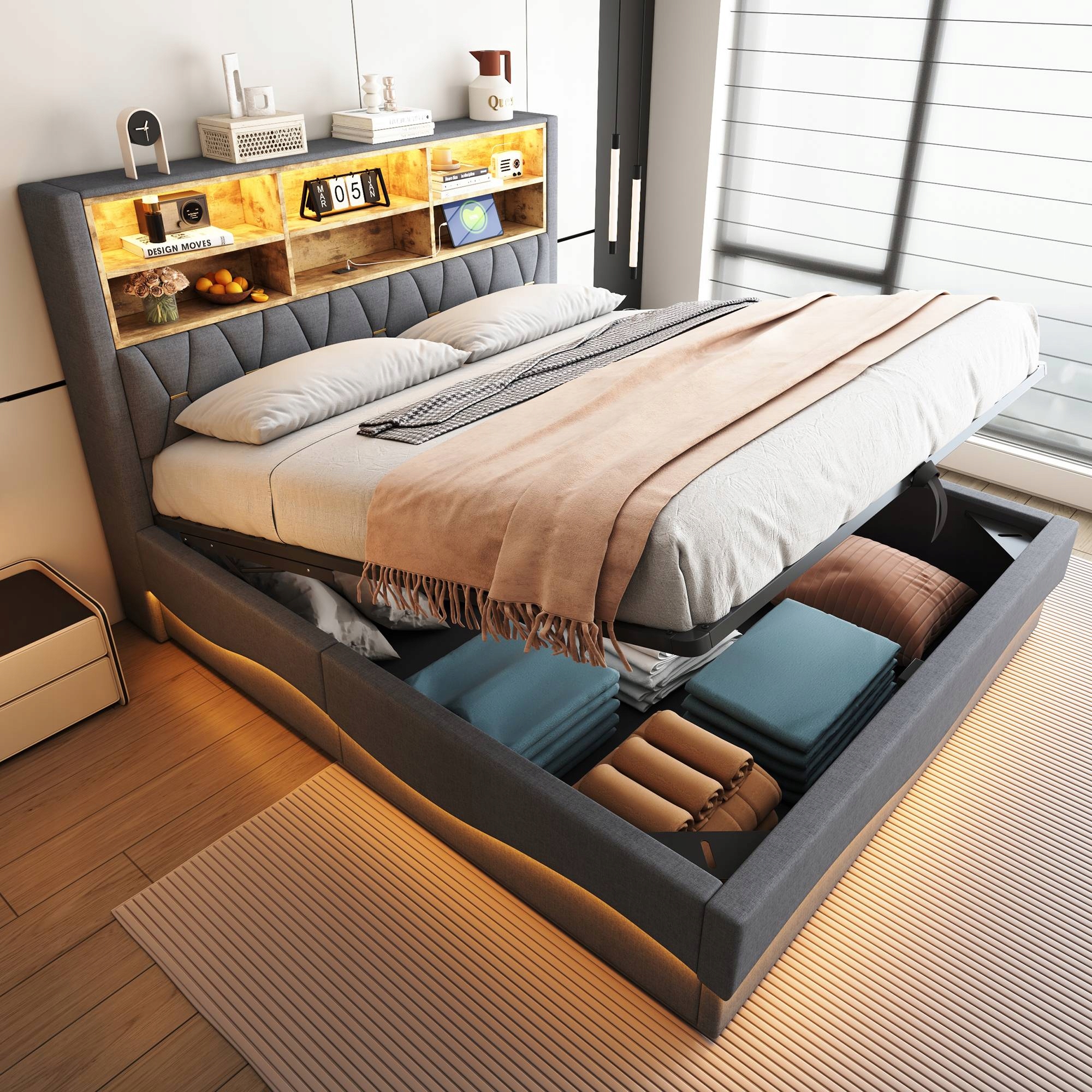 Čalouněná postel Dvojlůžko Hydraulické Led Usb 180X200CM šedá