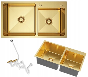 Oceľový 2-komorový zlatý drez 78x45 cm do kuchyne, sifón