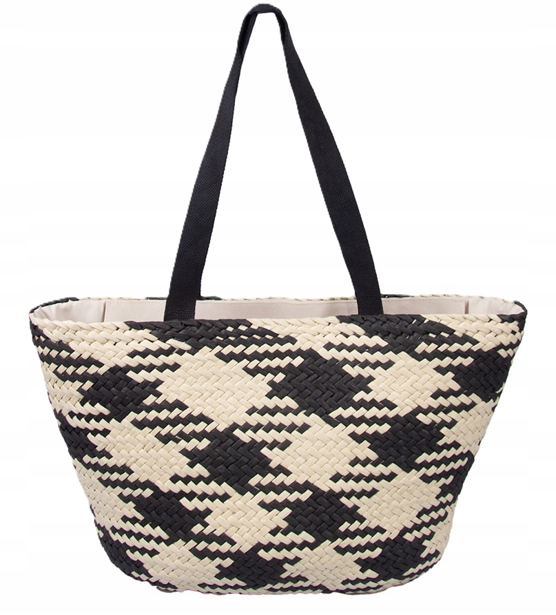 Módní letní plážový koš na léto Béžovo-černý Piknik na nákupy 30x48 cm