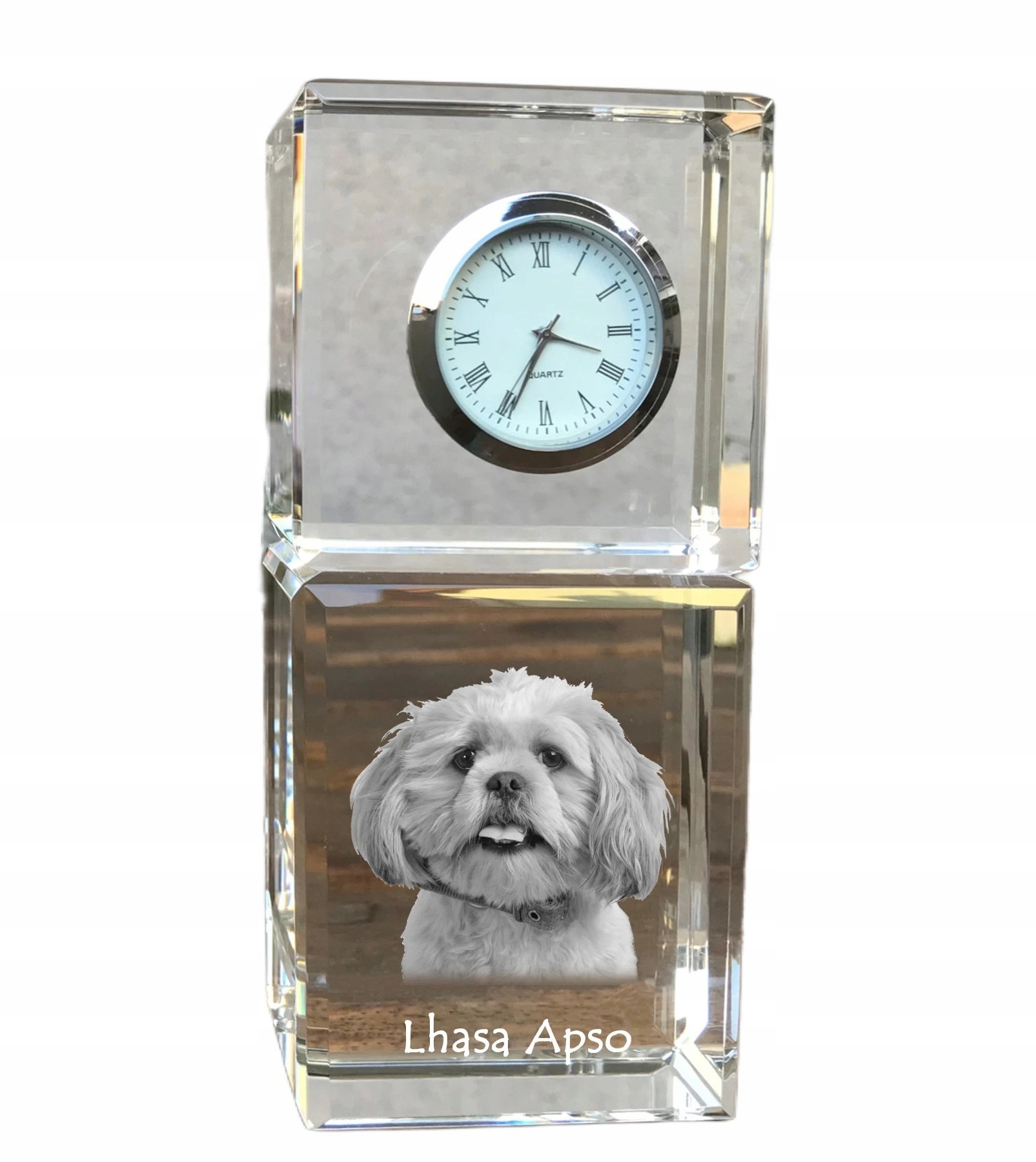 Lhasa Apso krištáľové stolové hodiny so psom, s vašou fotografiou, suvenír