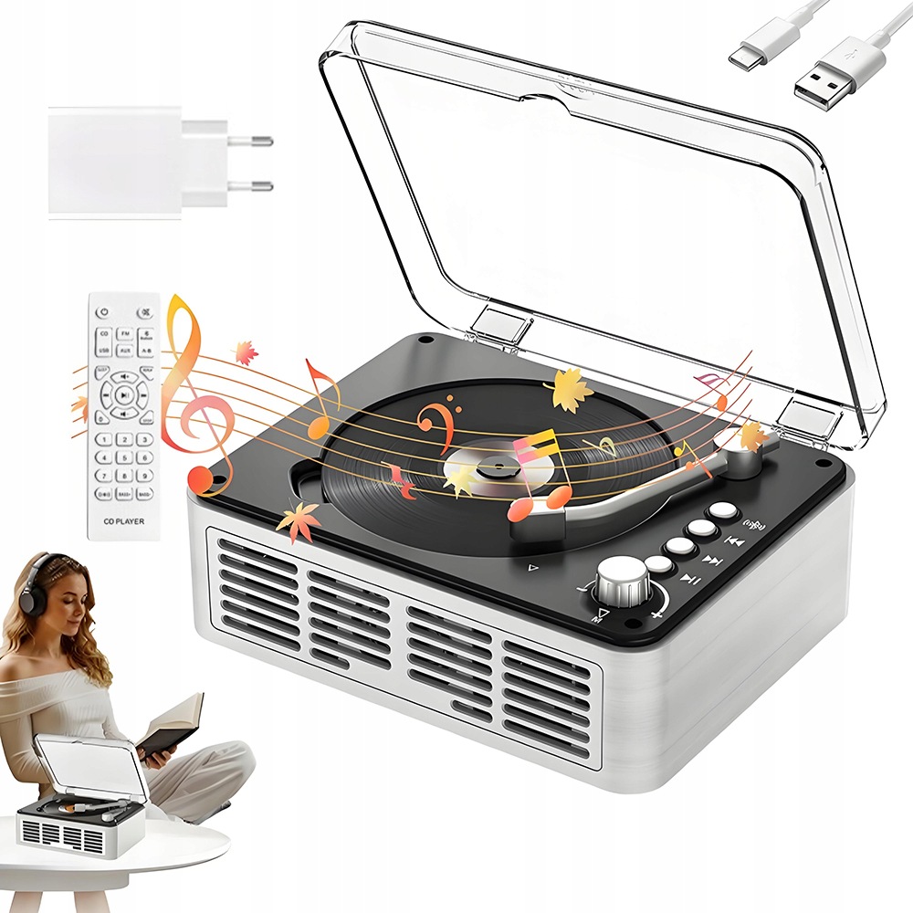 Retro Přenosný CD Přehrávač Reproduktor Bluetooth MP3 Aux Reproduktory Bílý