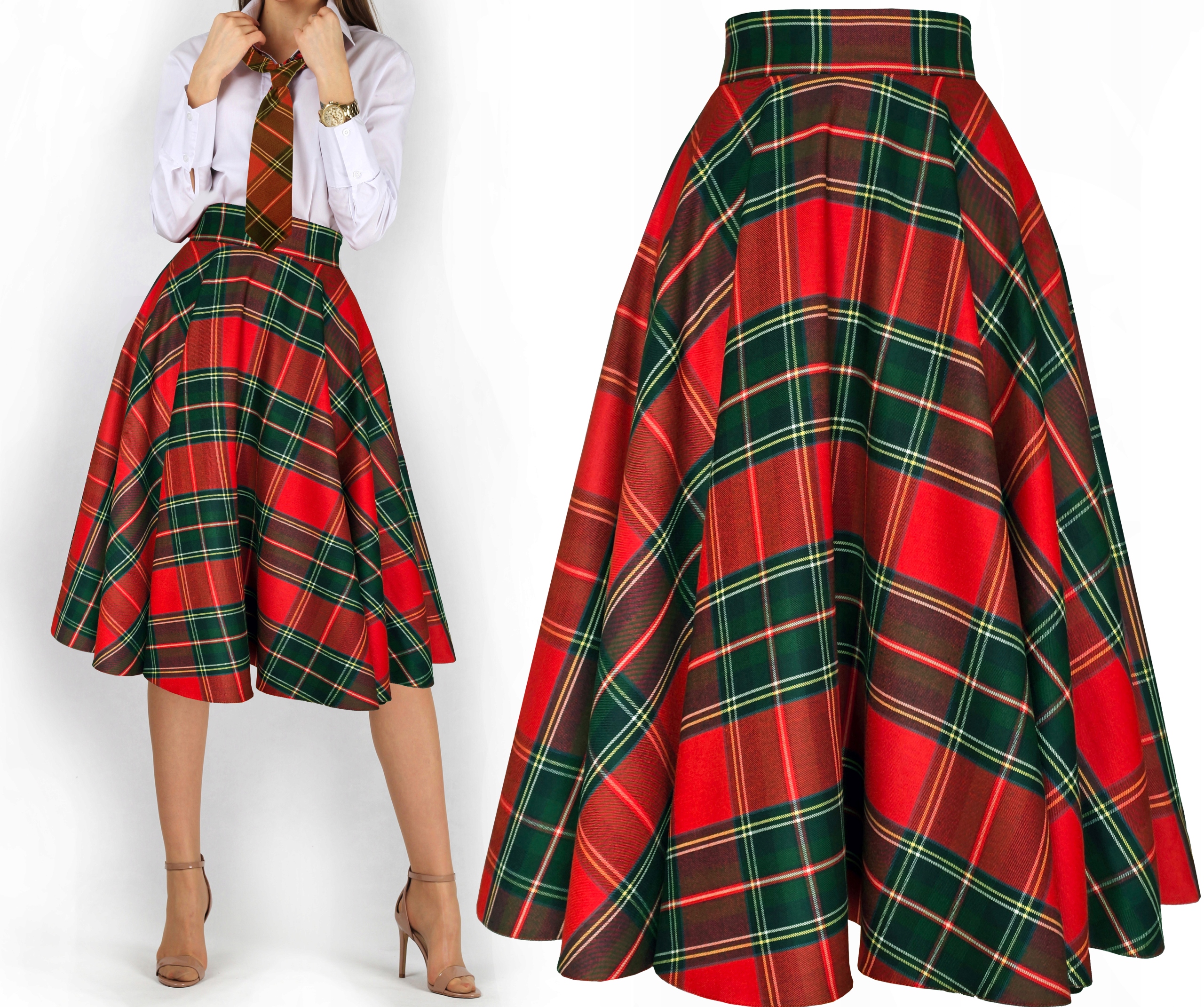 L Kapsy S3 sukně midi červená zelená kostkovaná skotská svatá kolem 40